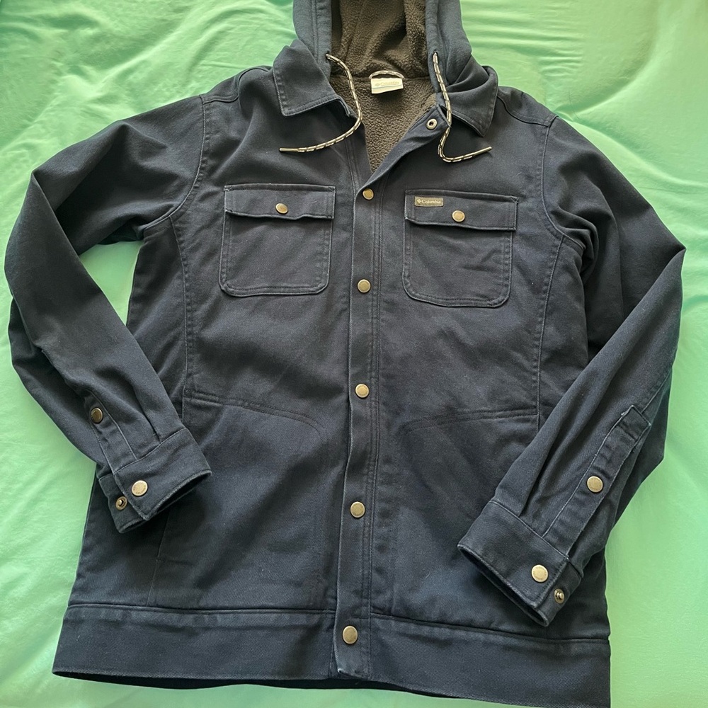 Columbia navy denim hooded jacket. Lined. Size small. Excellent condition